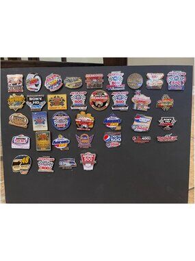 NASCAR 35 Race Event Lapel Pin Lot + Display Board
